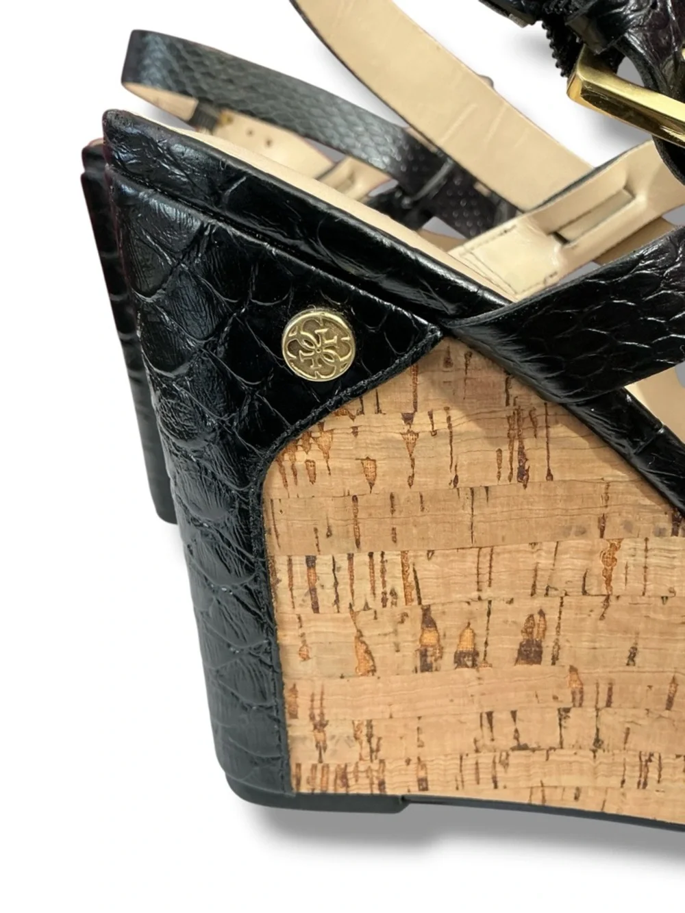 Guess Black Faux-Snakeskin Cork Wedge Sandals